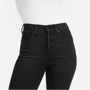 Black high-rise denim, button fly